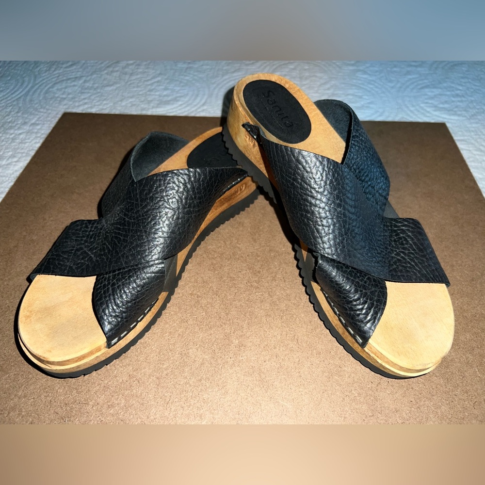 Sanita Danish Design Black Leather Cross Strap Wedges Size US‎ 8 EU 39